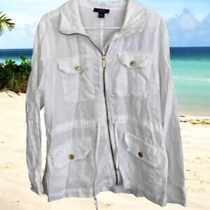 Chaps White Linen Jacket Long Sleeve Full Zip Pocket Drawstring